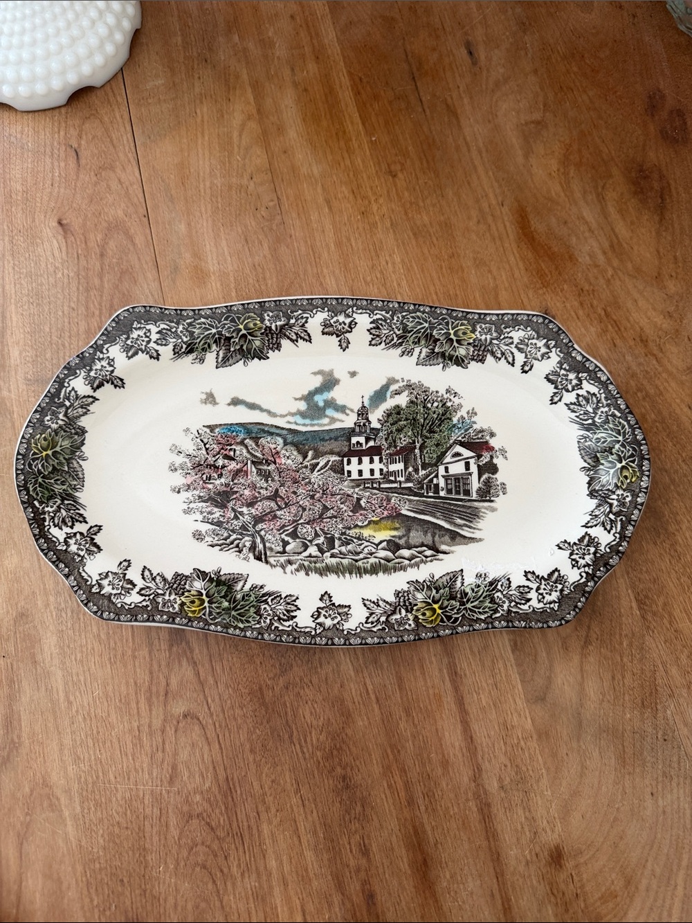 Scenic Floral Ceramic Serving Platter - Cream with Brown and Multicolor Accents